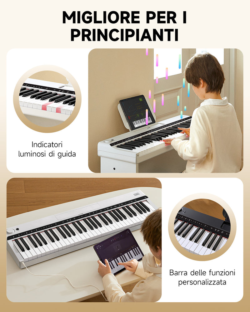 Tastiera elettronica Donner Pianoforte 61 tasti, indicatore luminoso di guida progettato per i principianti, con supporto per pianoforte staccabile, leggio, DK-10S Bianco