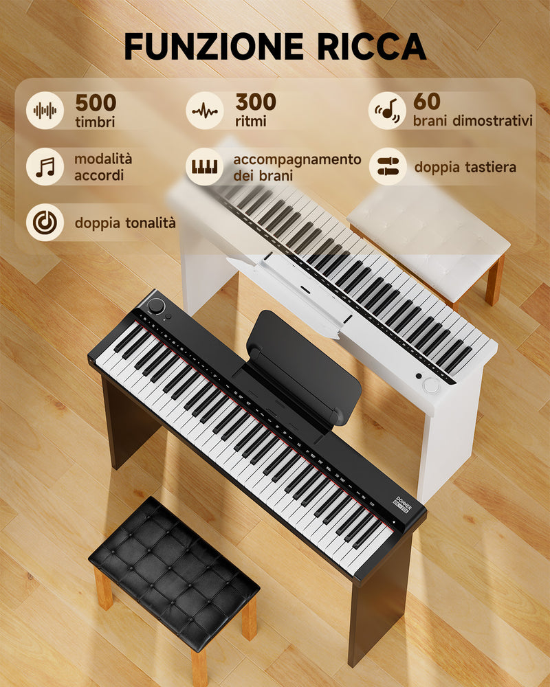 Tastiera elettronica Donner Pianoforte 61 tasti, indicatore luminoso di guida progettato per i principianti, con supporto per pianoforte staccabile, leggio, DK-10S Bianco