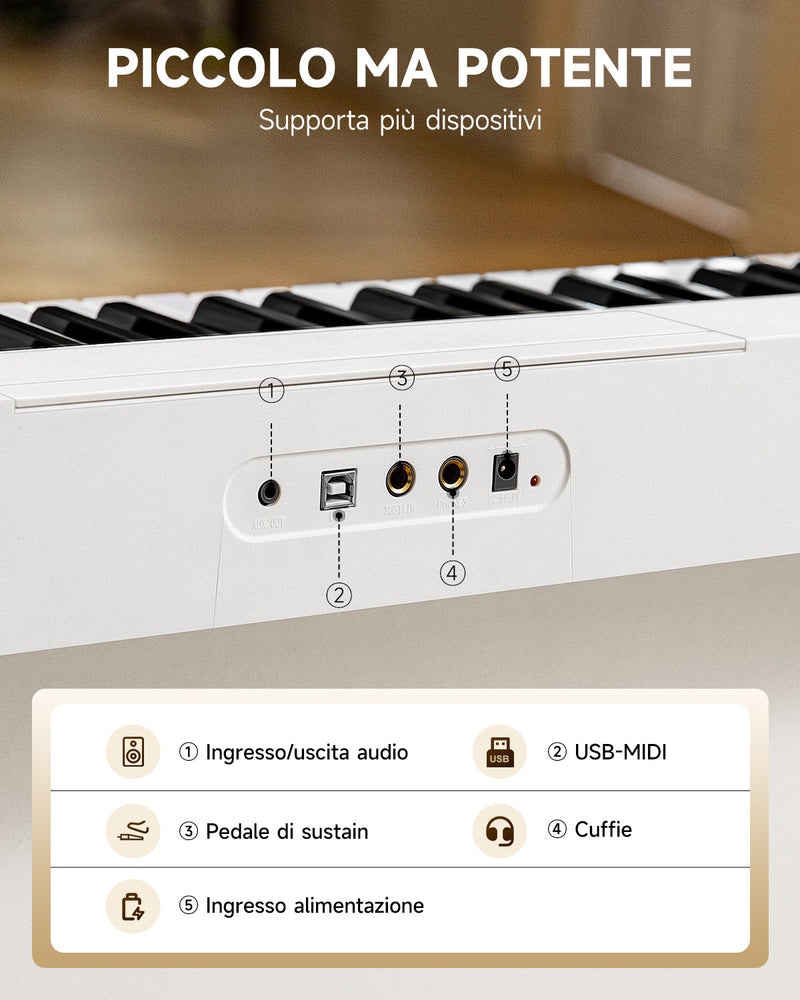 Tastiera elettronica Donner Pianoforte 61 tasti, indicatore luminoso di guida progettato per i principianti, con supporto per pianoforte staccabile, leggio, DK-10S Bianco