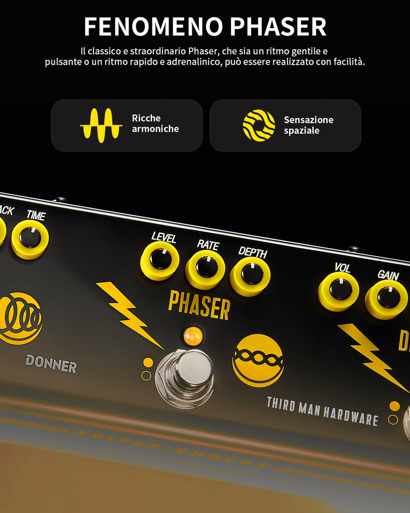 Donner X Third Man Hardware Pedale Multieffetto, Pedale Analogico Per Chitarra Triple Threat 3 In 1, Pedale Distorsione Phaser Echo Con Adattatore Per Chitarra Elettrica