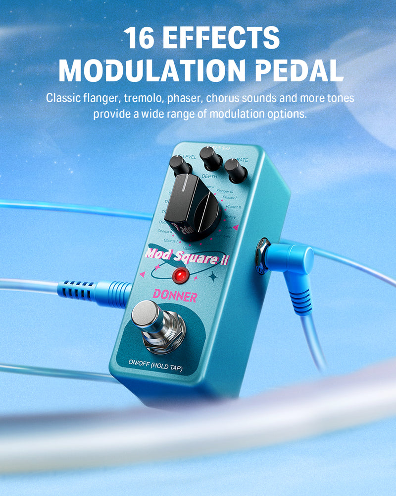 Donner Pedal de modulación - Mod Square Ⅱ para pedales de guitarra eléctrica, 16 efectos Chorus Phaser Tremolo Flanger Rotary Vibrato Wah Lo-fi Detune 16 modos de modulación, True Bypass