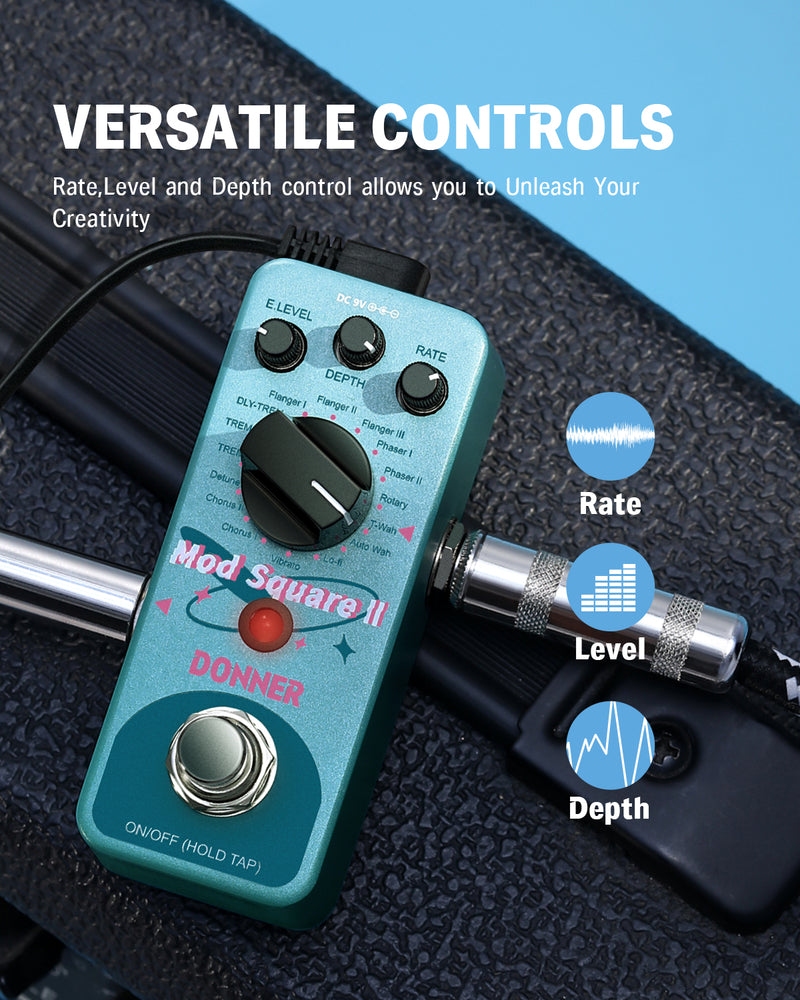 Donner Pedal de modulación - Mod Square Ⅱ para pedales de guitarra eléctrica, 16 efectos Chorus Phaser Tremolo Flanger Rotary Vibrato Wah Lo-fi Detune 16 modos de modulación, True Bypass