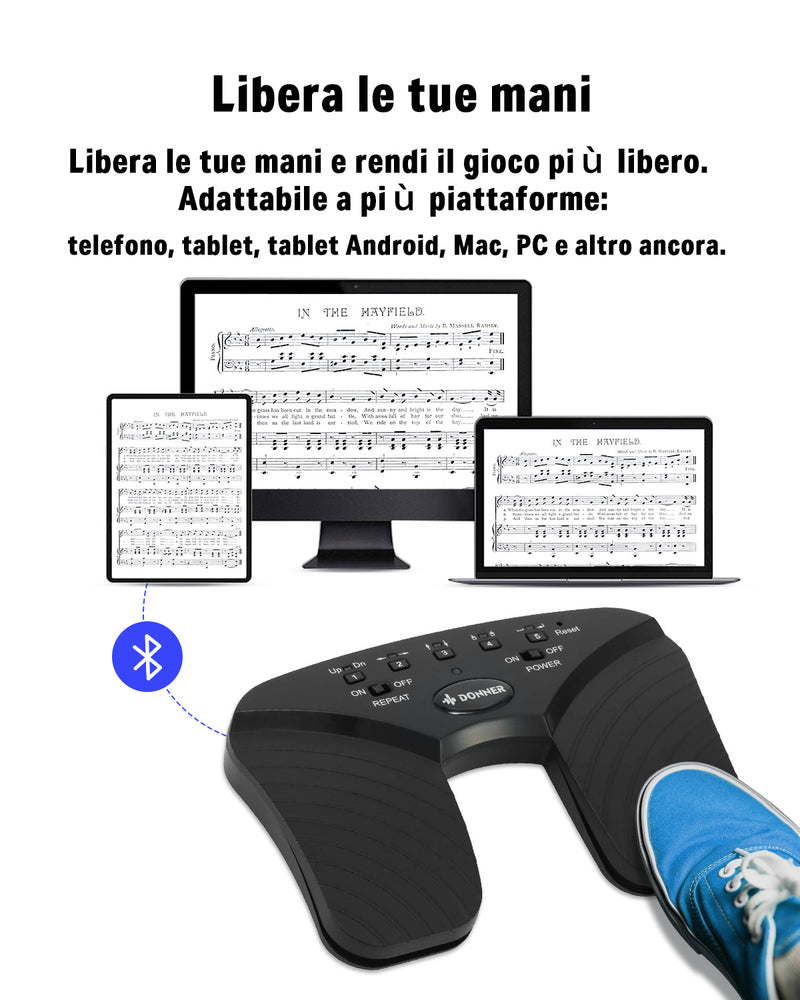 Donner Wireless Page Turner Pedal, pedale ricaricabile per girapagina musicale per tablet e telefono, nero