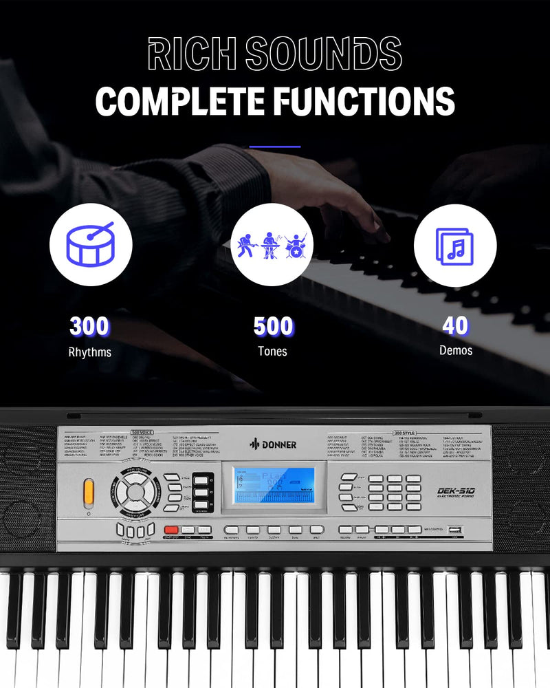 Donner 54 Key Keyboard Piano, Piano Keyboard for Beginner, Electronic Keyboard with Piano Stand/Stool, Sheet Music Stand, Microphone, Supports MP3/USB MIDI/Audio/Microphone/Headphones/Sustain Pedal